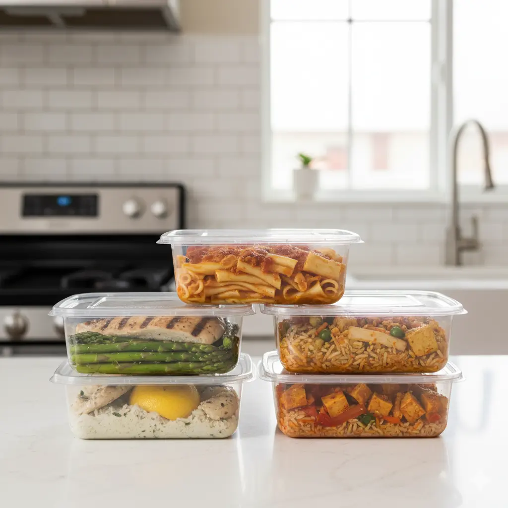Chef-prepared meal containers with pasta, grilled chicken, vegetables, and rice, showcasing flexible meal options for busy families in a modern kitchen setting.