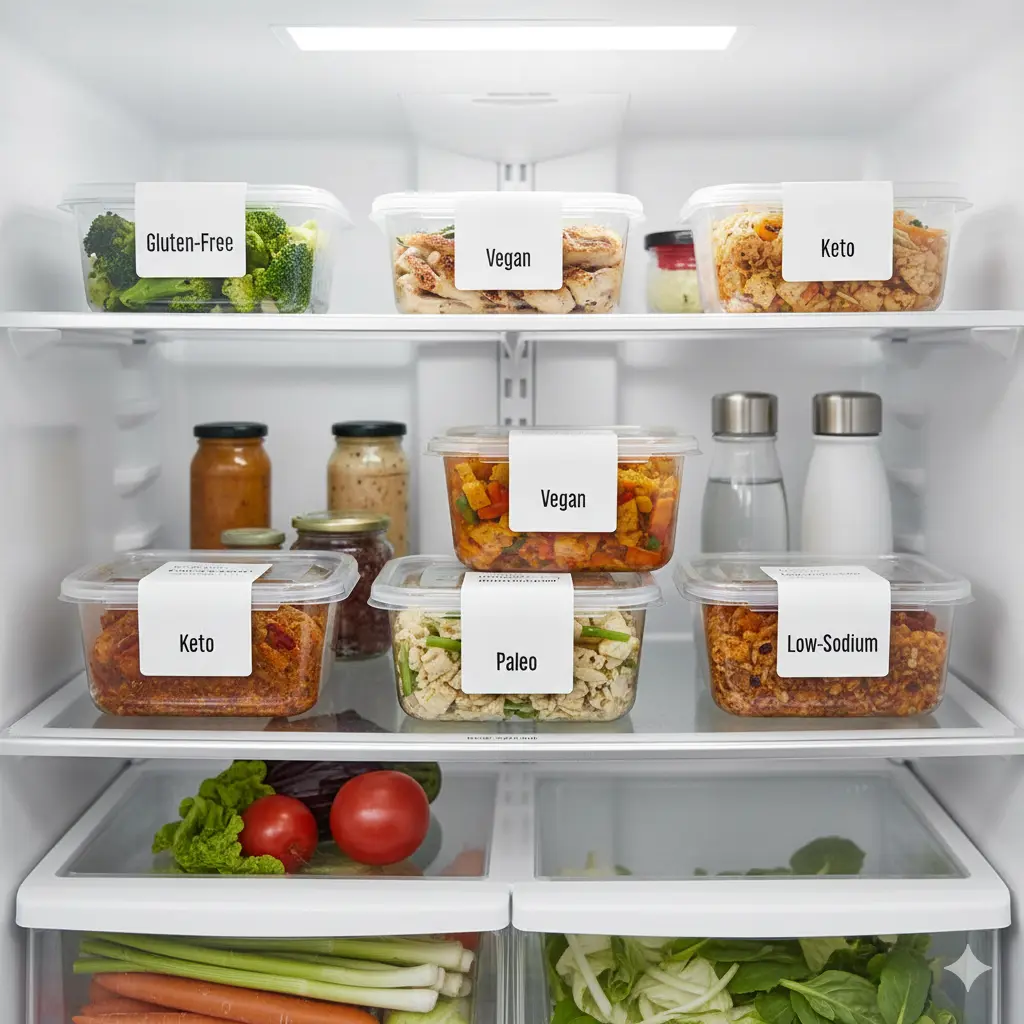 Fridge showcasing organized meal prep containers labeled Gluten-Free, Vegan, Keto, Paleo, and Low-Sodium, emphasizing allergen-friendly and health-focused dining options.