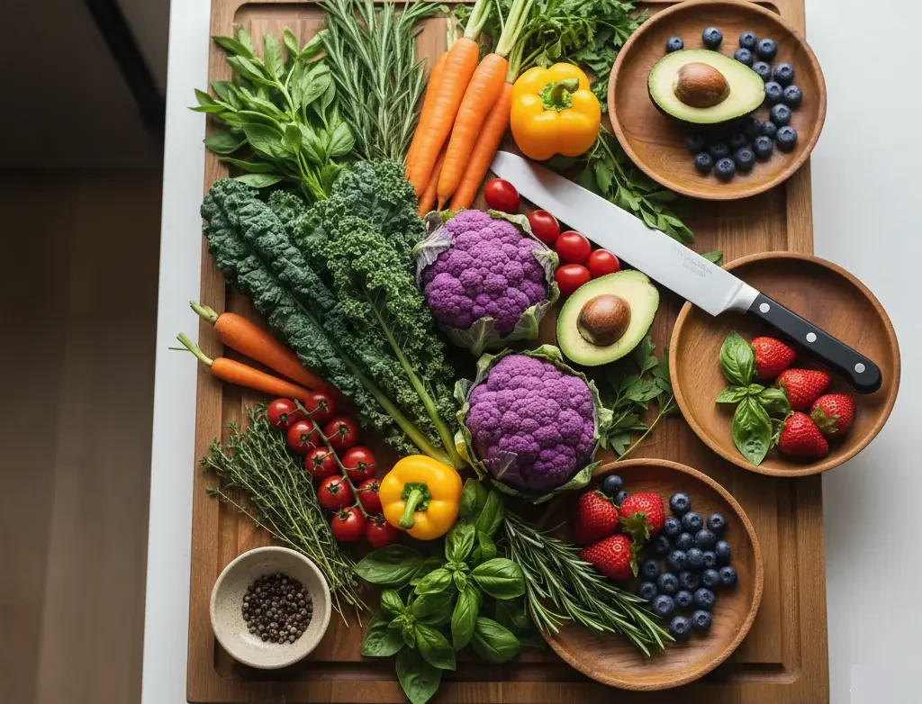 Colorful array of fresh vegetables and fruits including purple cauliflower, carrots, yellow bell pepper, kale, tomatoes, avocado, blueberries, and strawberries, arranged on a wooden cutting board with a knife, emphasizing healthy meal prep for families.
