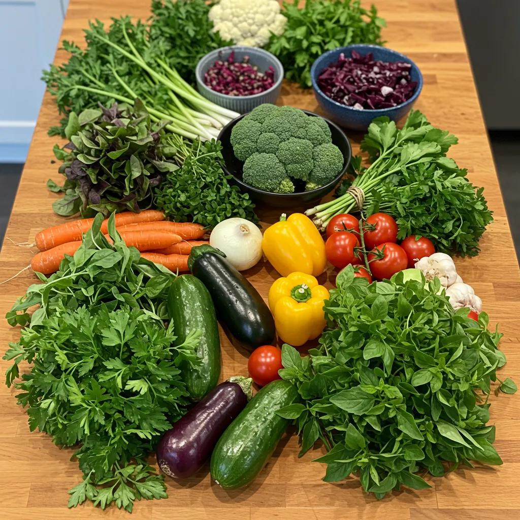 Meal Prep And Meal Delivery Service Pittsburgh, PA Fresh, locally-sourced ingredients including colorful vegetables and herbs on a wooden table