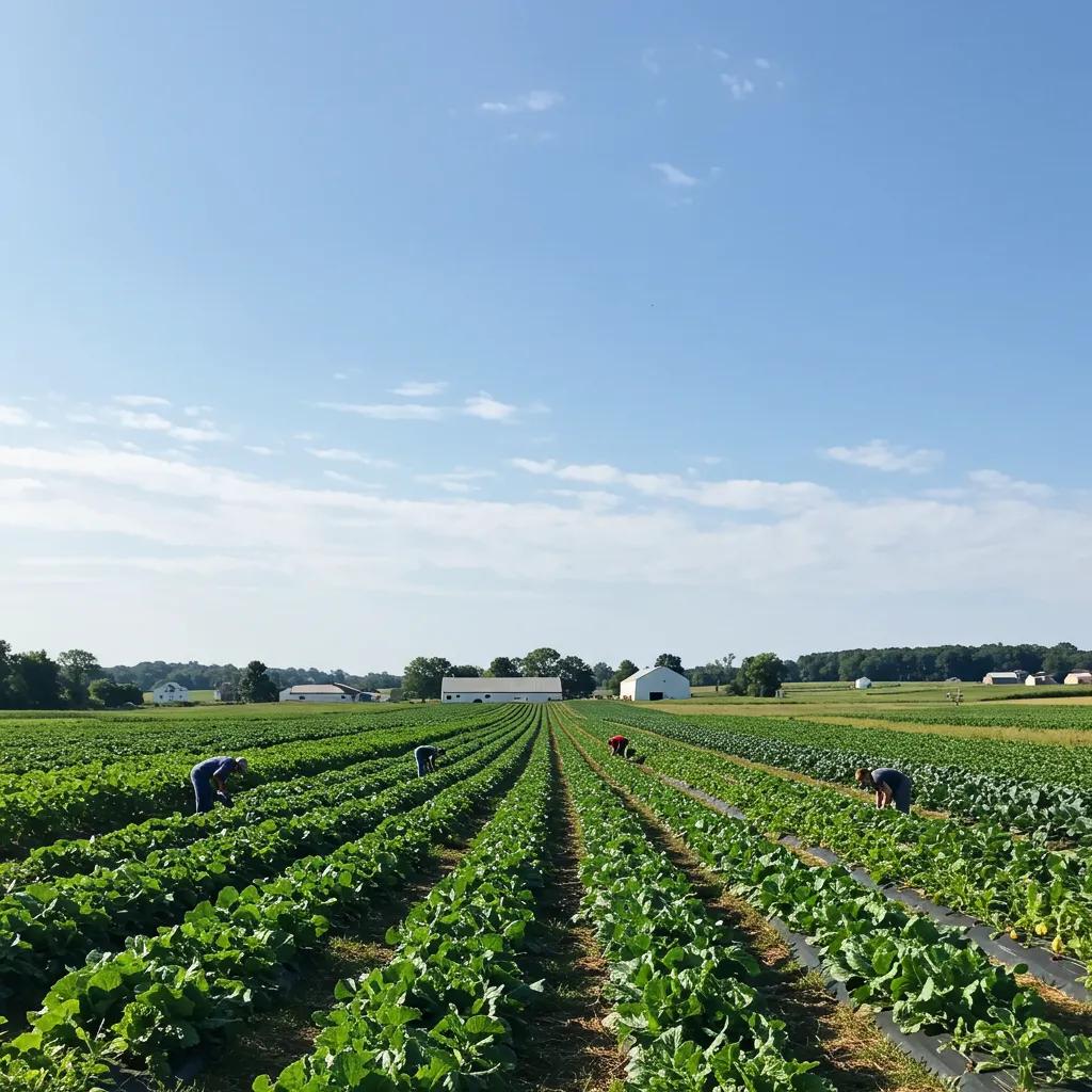 Meal Prep And Meal Delivery Service Pittsburgh, PA A picturesque Pittsburgh farm scene with rows of fresh produce and farmers actively harvesting vegetables