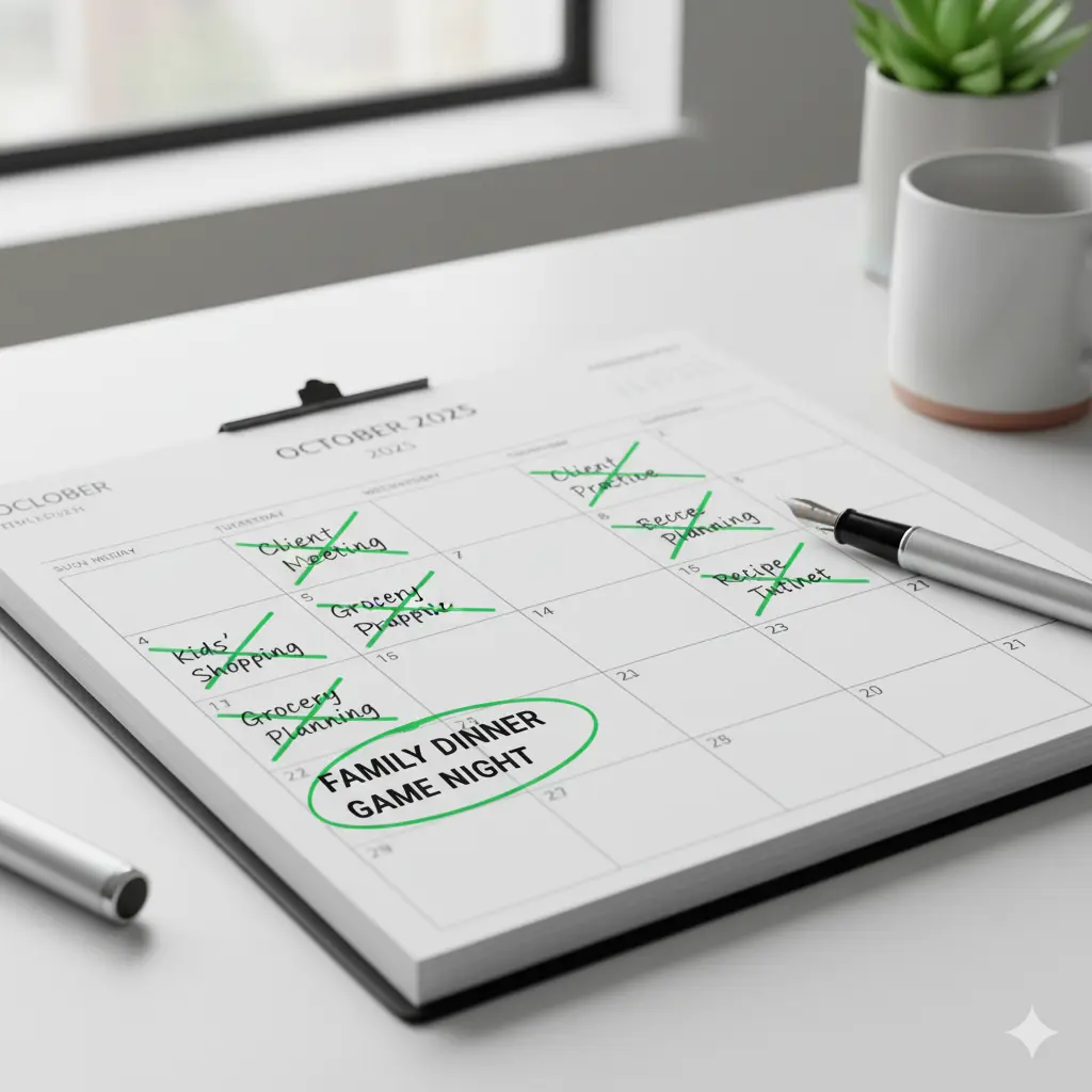 Calendar for October 2025 featuring family dinner game night highlighted in green, with completed tasks like grocery planning and kids' shopping, symbolizing organized meal prep and family time.
