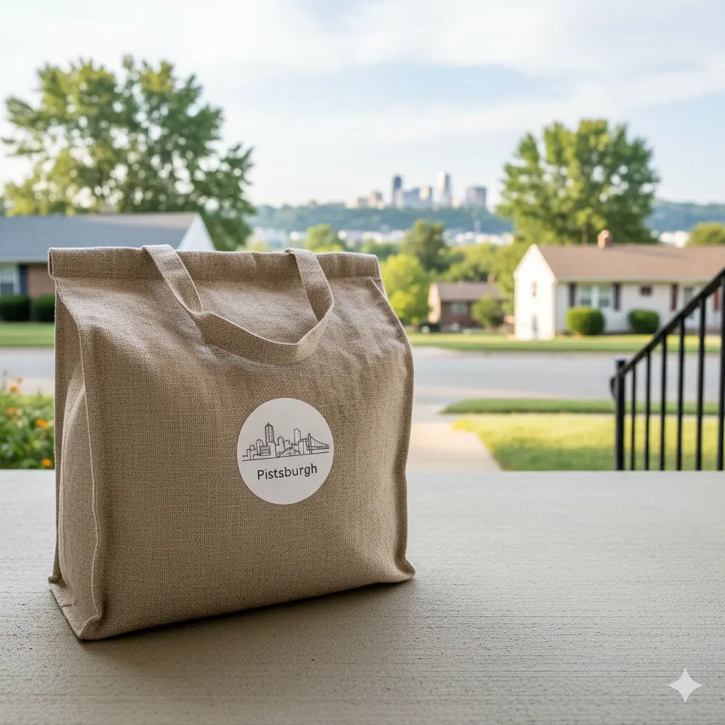 Meal delivery bag with "Pittsburgh" logo, set on porch with suburban background, representing convenience and local meal prep service.